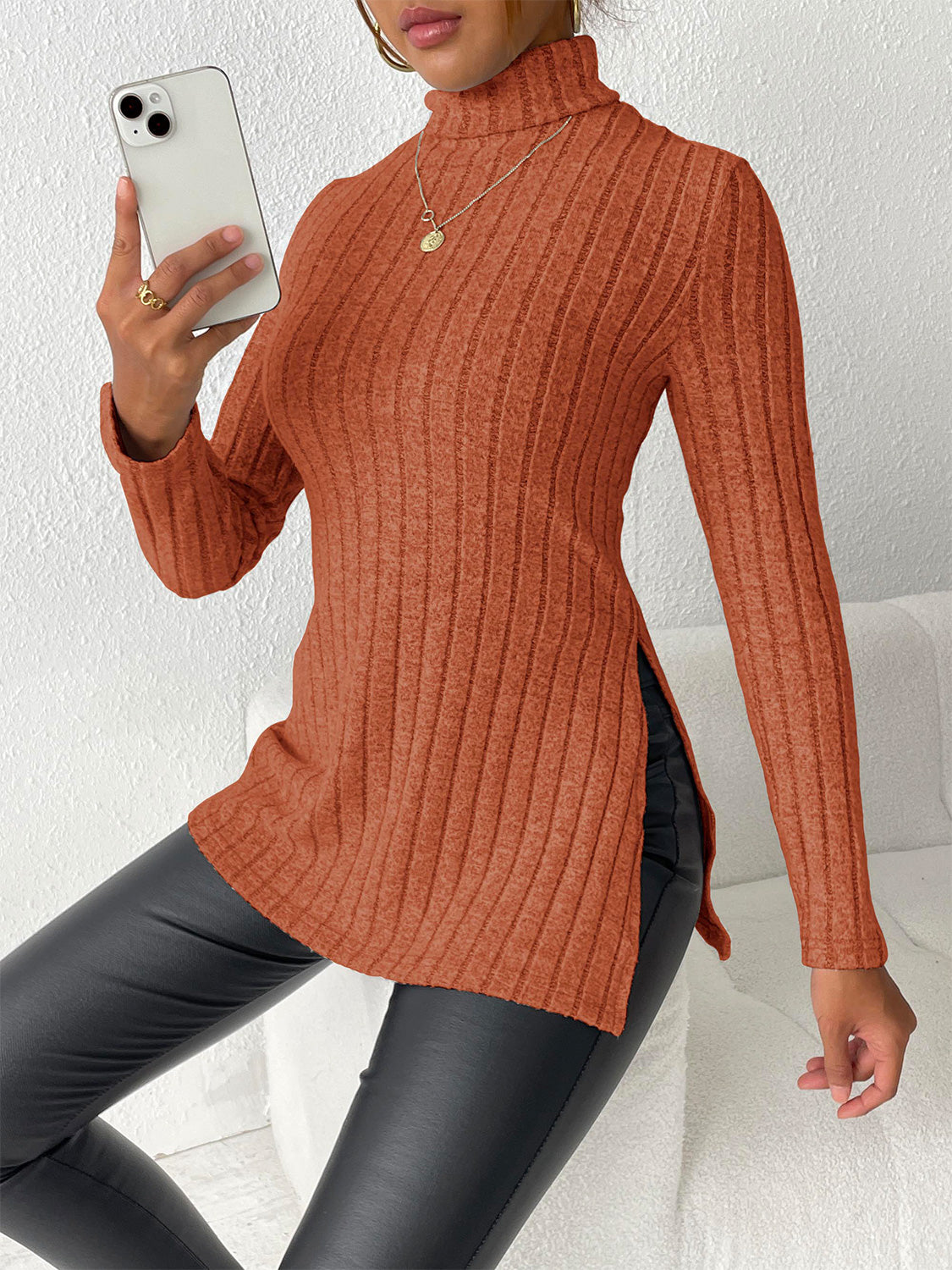 Ribbed Turtleneck Long Sleeve Slit T-Shirt - Body By J'ne
