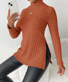 Ribbed Turtleneck Long Sleeve Slit T-Shirt