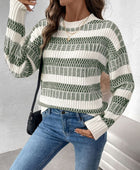 Perfee Contrast Round Neck Long Sleeve Sweater