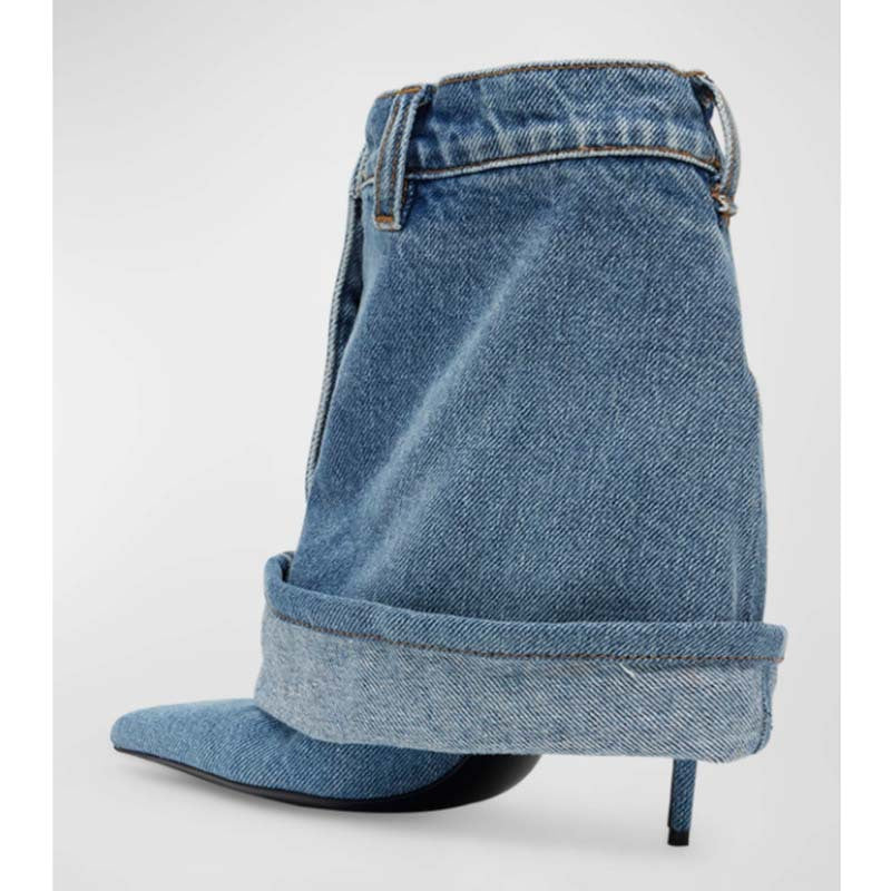 Pointed-toe Washed Denim Pantskirt Stiletto Ankle Boots - Body By J'ne