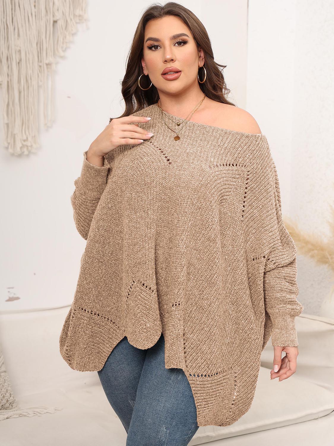 Plus Size Round Neck Batwing Sleeve Sweater - Body By J'ne