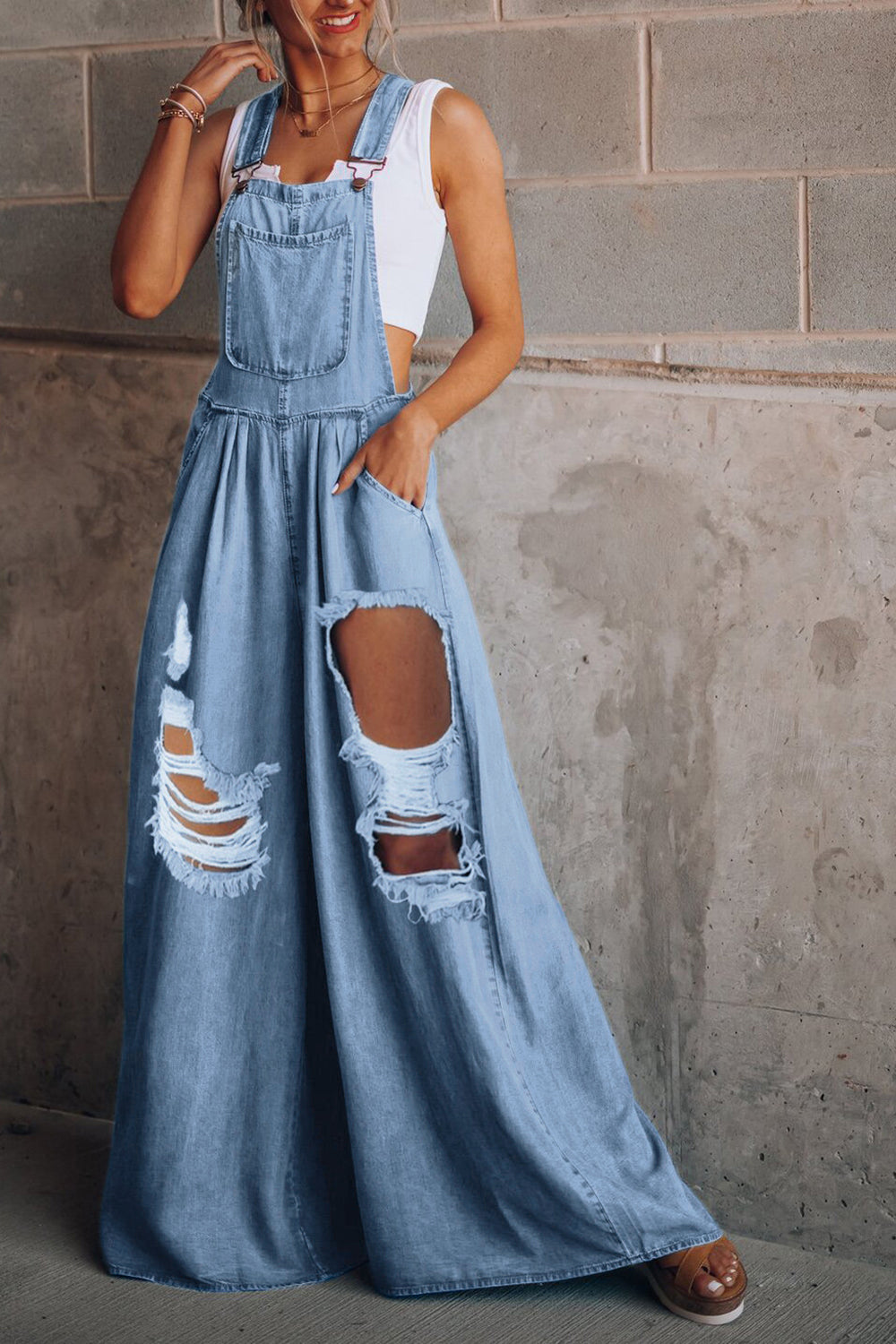 Distressed Wide Leg Denim Overalls - Body By J'ne