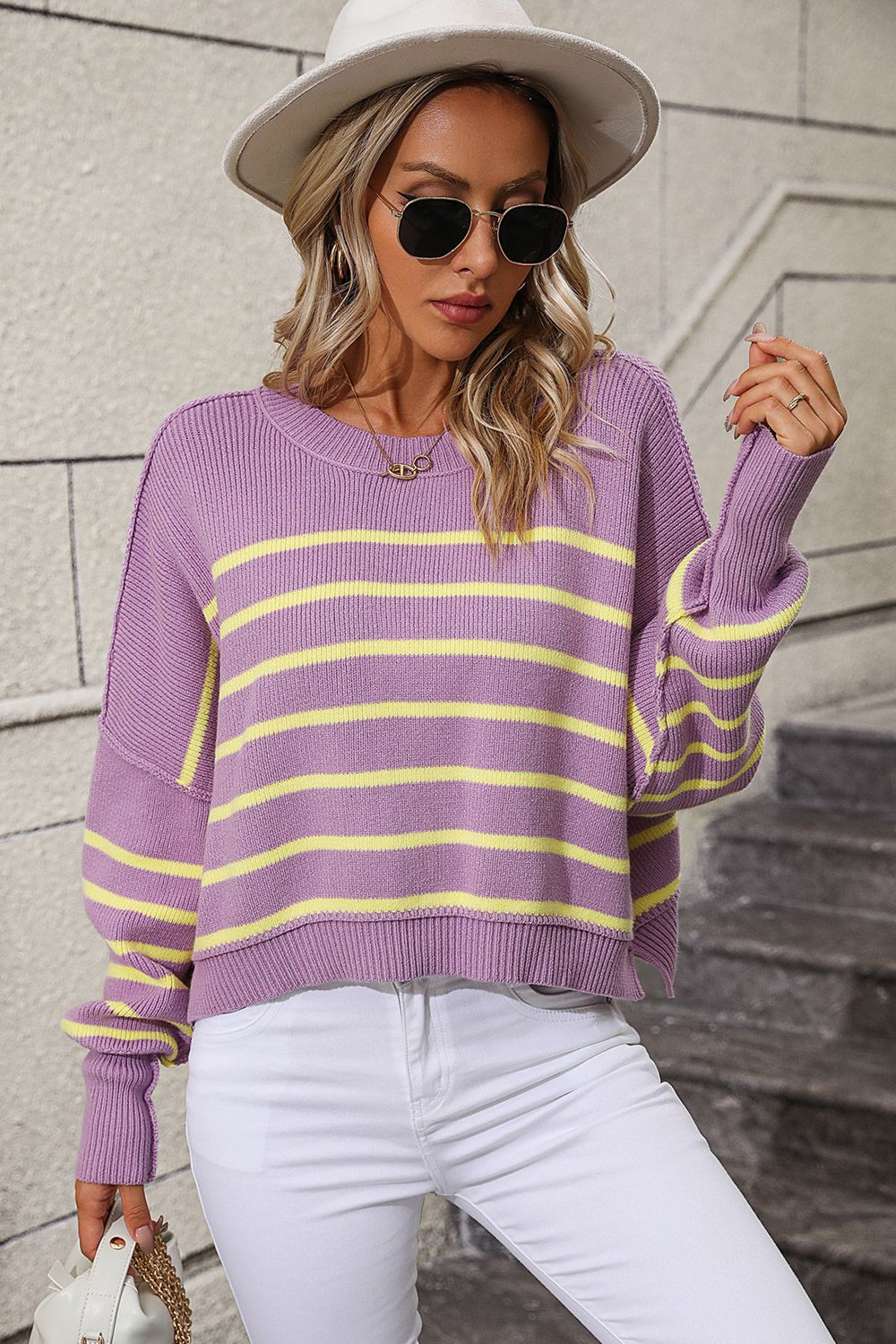 Striped Dropped Shoulder Round Neck Pullover Sweater - Body By J'ne