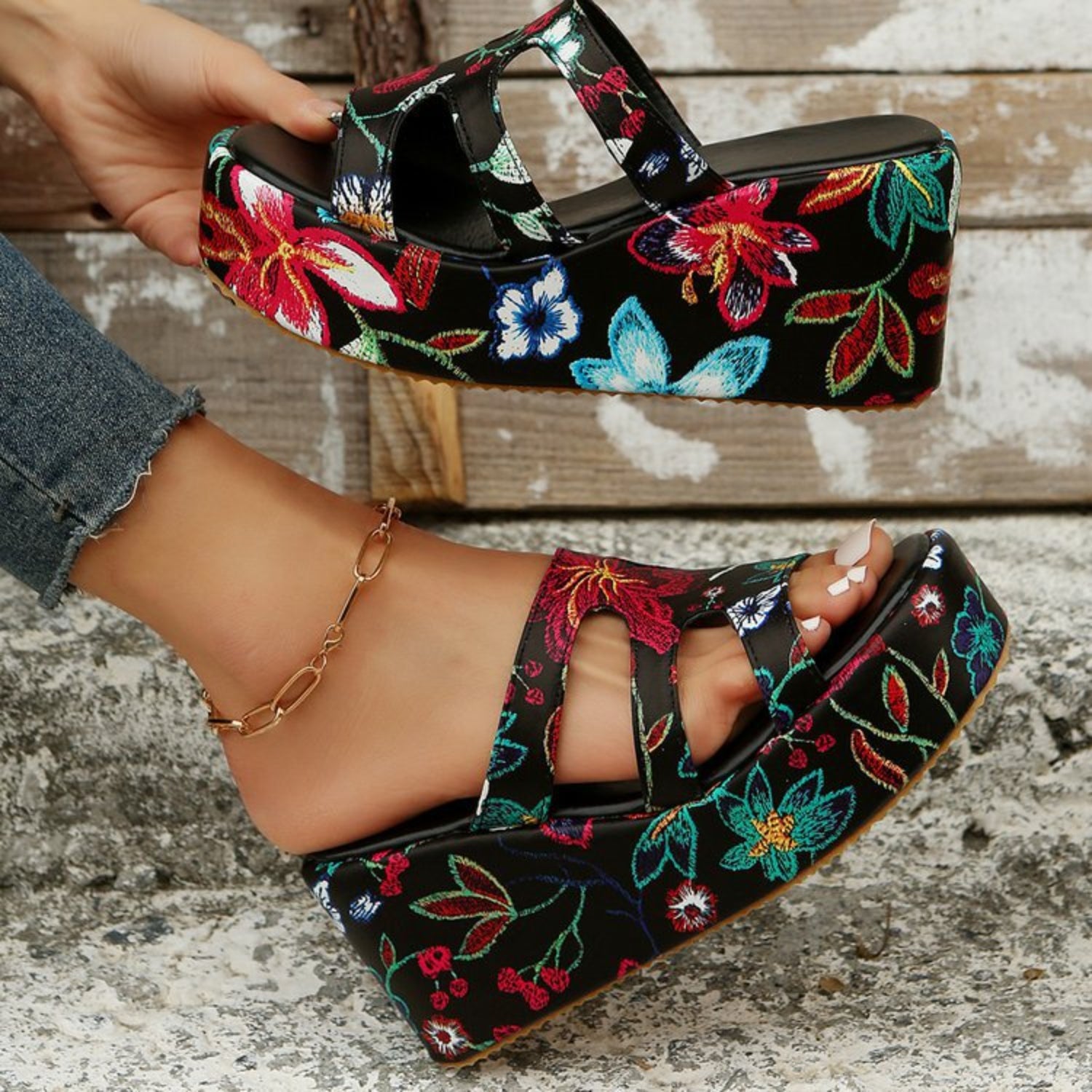 Cutout Floral Peep Toe Sandals - Body By J'ne