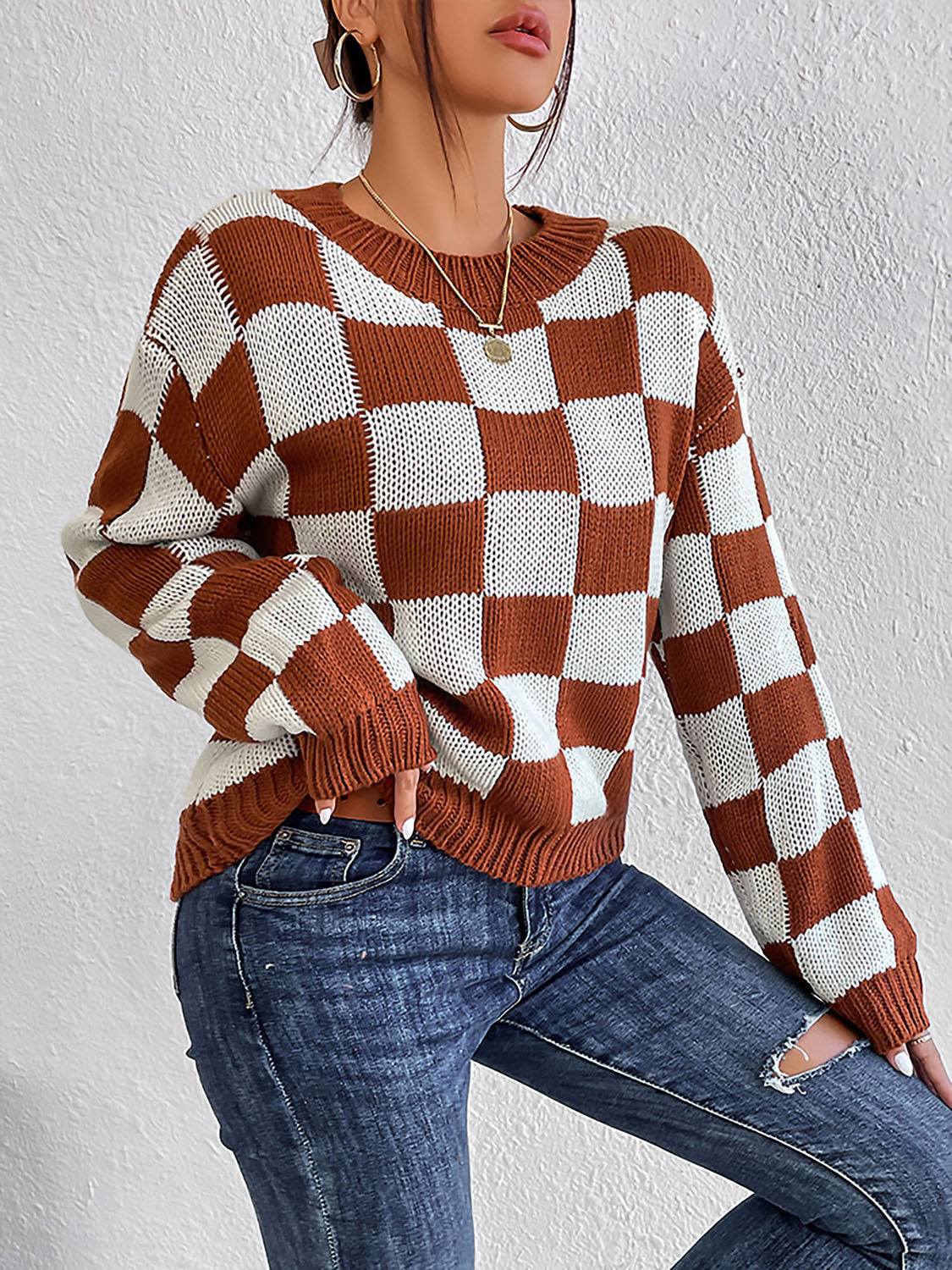 Checkered Round Neck Sweater - Body By J'ne