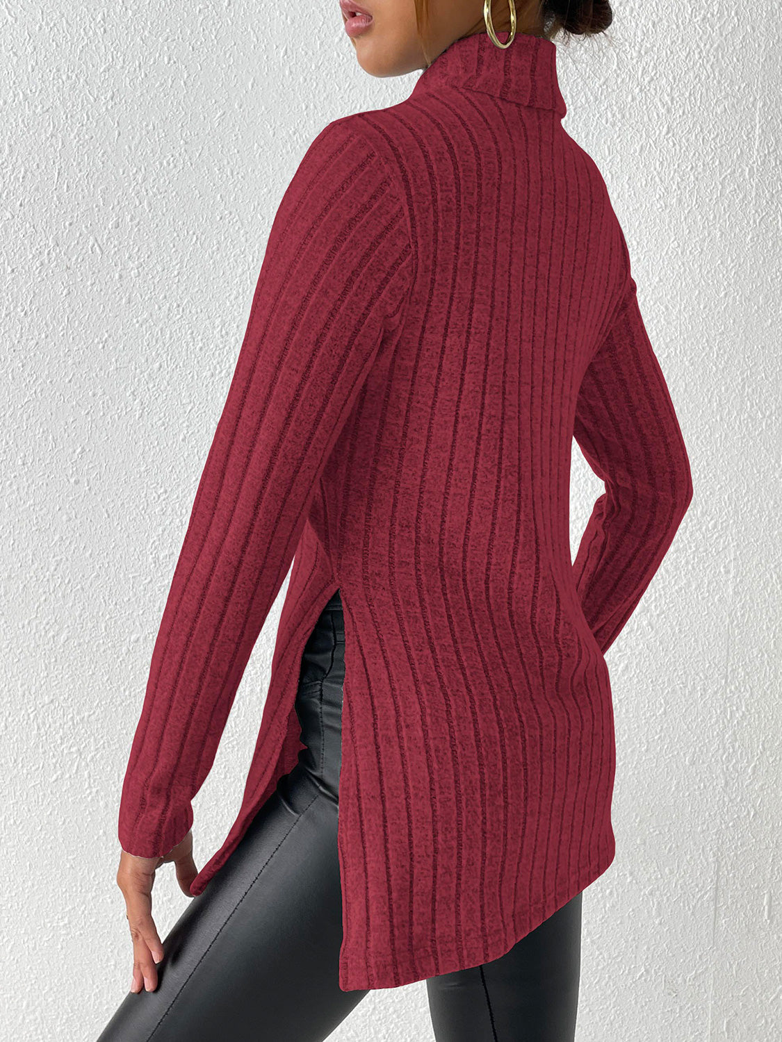 Ribbed Turtleneck Long Sleeve Slit T-Shirt - Body By J'ne