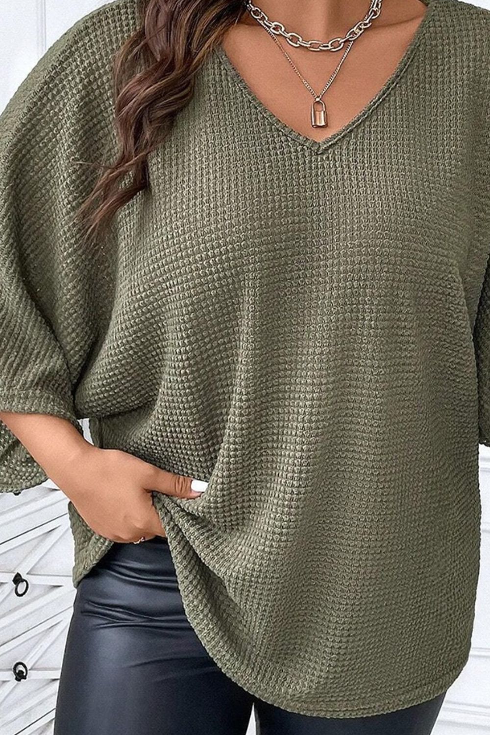 Plus Size Waffle-Knit V-Neck Blouse - Body By J'ne