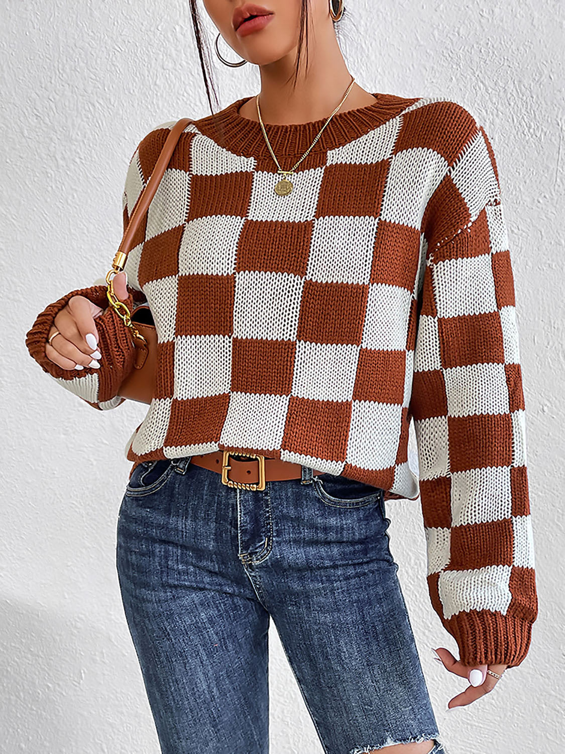 Checkered Round Neck Sweater - Body By J'ne