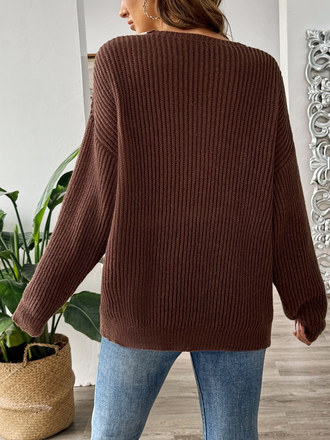Contrast Dropped Shoulder Long Sleeve Sweater - Body By J'ne