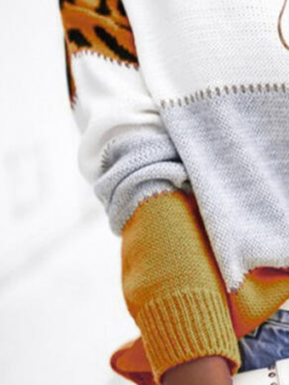 Leopard Color Block Round Neck Long Sleeve Sweater - Body By J'ne