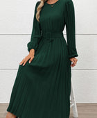 Perfee Pleated Round Neck Long Sleeve Midi Dress