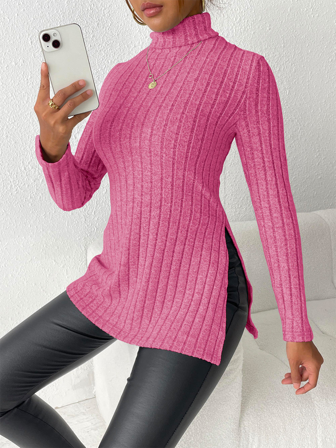 Ribbed Turtleneck Long Sleeve Slit T-Shirt - Body By J'ne