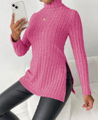 Ribbed Turtleneck Long Sleeve Slit T-Shirt