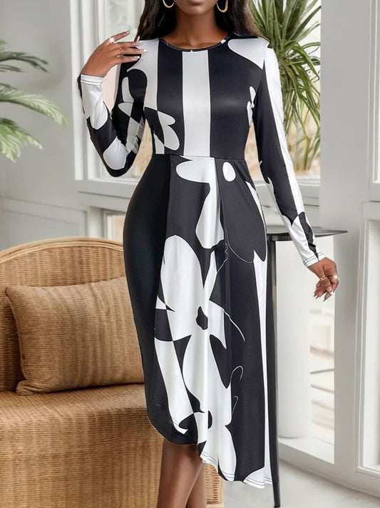 Perfee Asymmetrical Slit Round Neck Long Sleeve Midi Dress - Body By J'ne
