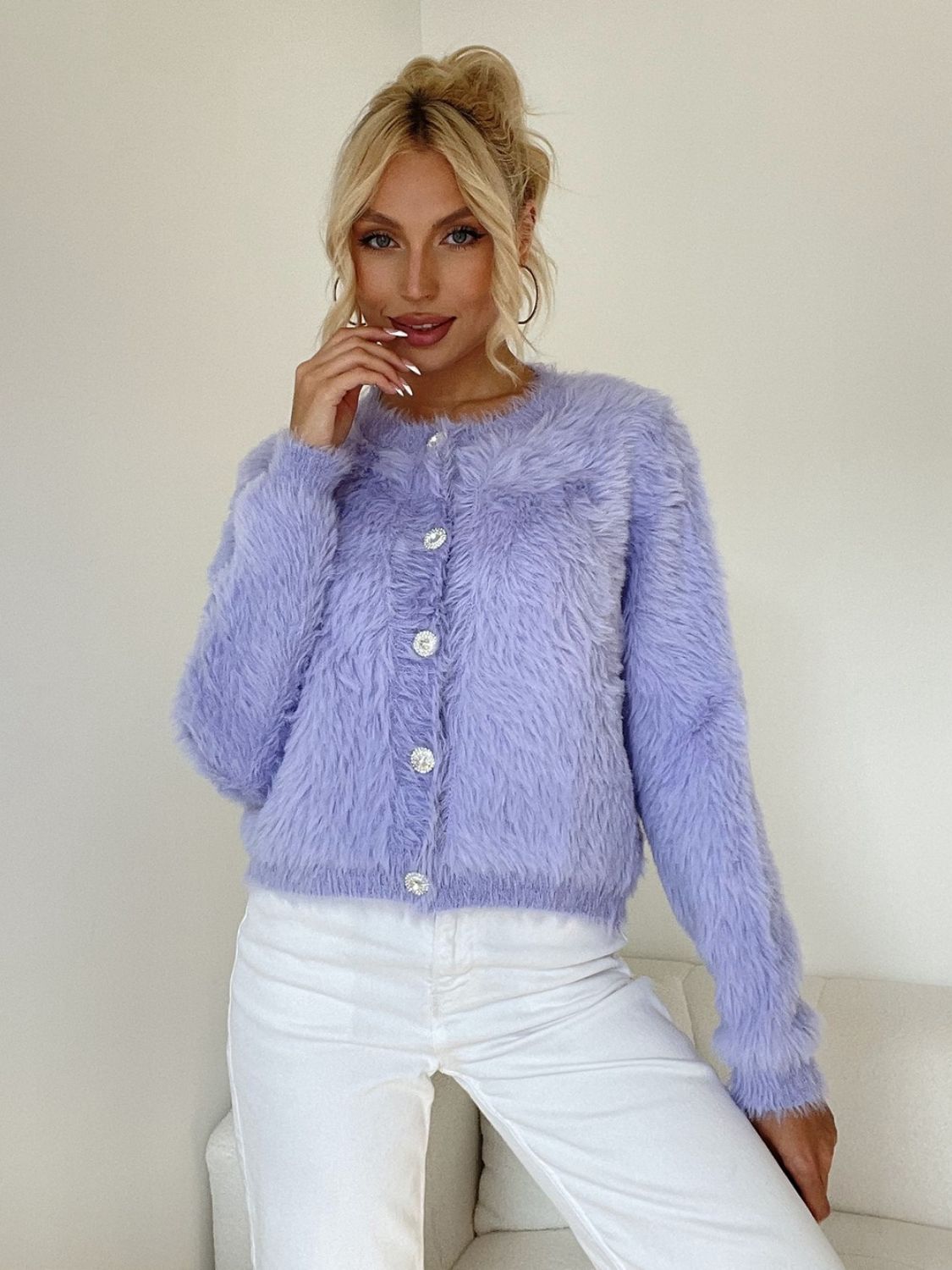 Button Down Long Sleeve Fuzzy Cardigan - Body By J'ne