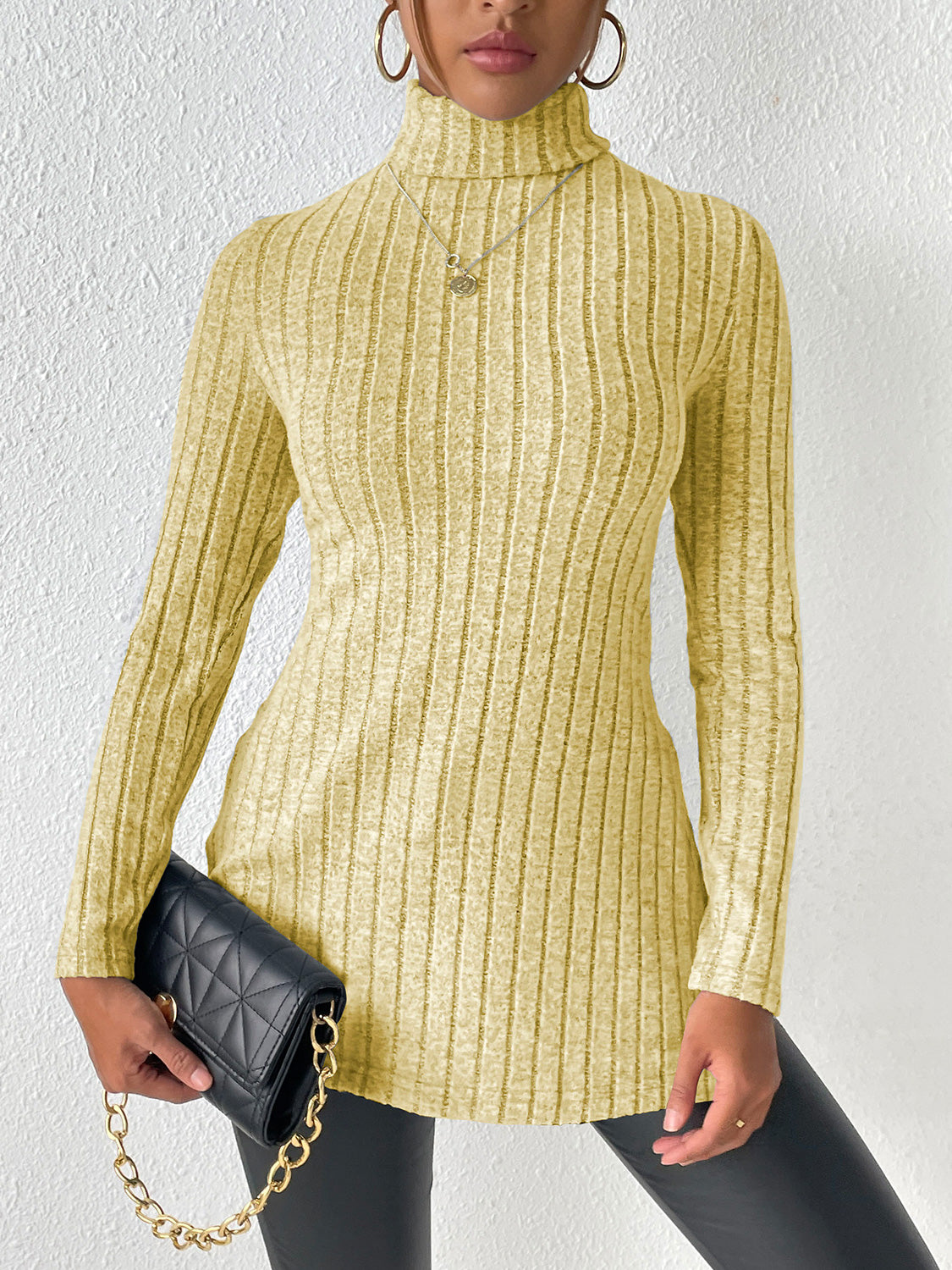 Ribbed Turtleneck Long Sleeve Slit T-Shirt - Body By J'ne