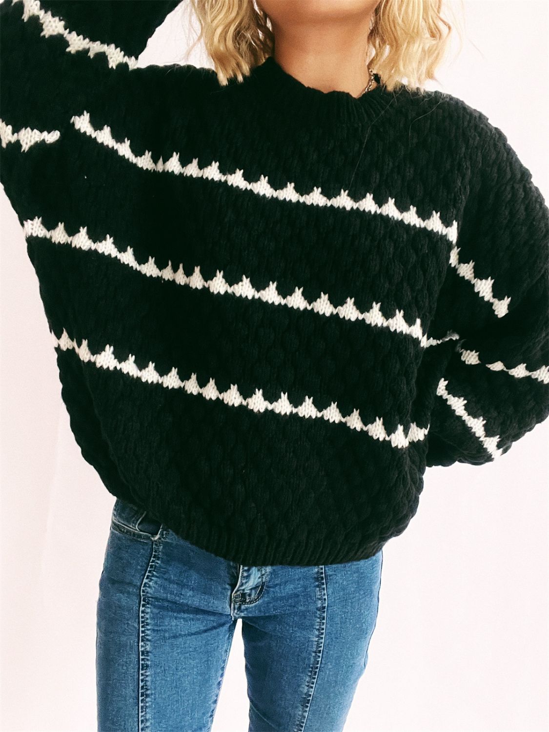 Contrast Stripes Round Neck Long Sleeve Sweater - Body By J'ne