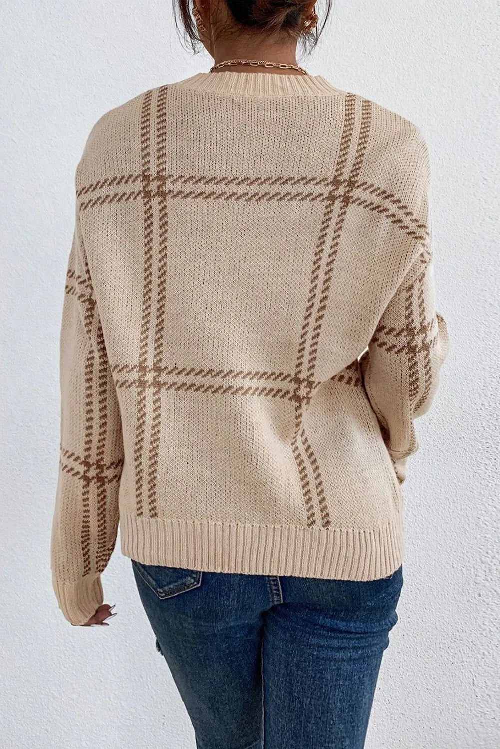 Plaid Round Neck Dropped Shoulder Sweater - Body By J'ne