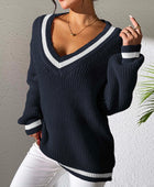 Contrast Trim V-Neck Long Sleeve Sweater