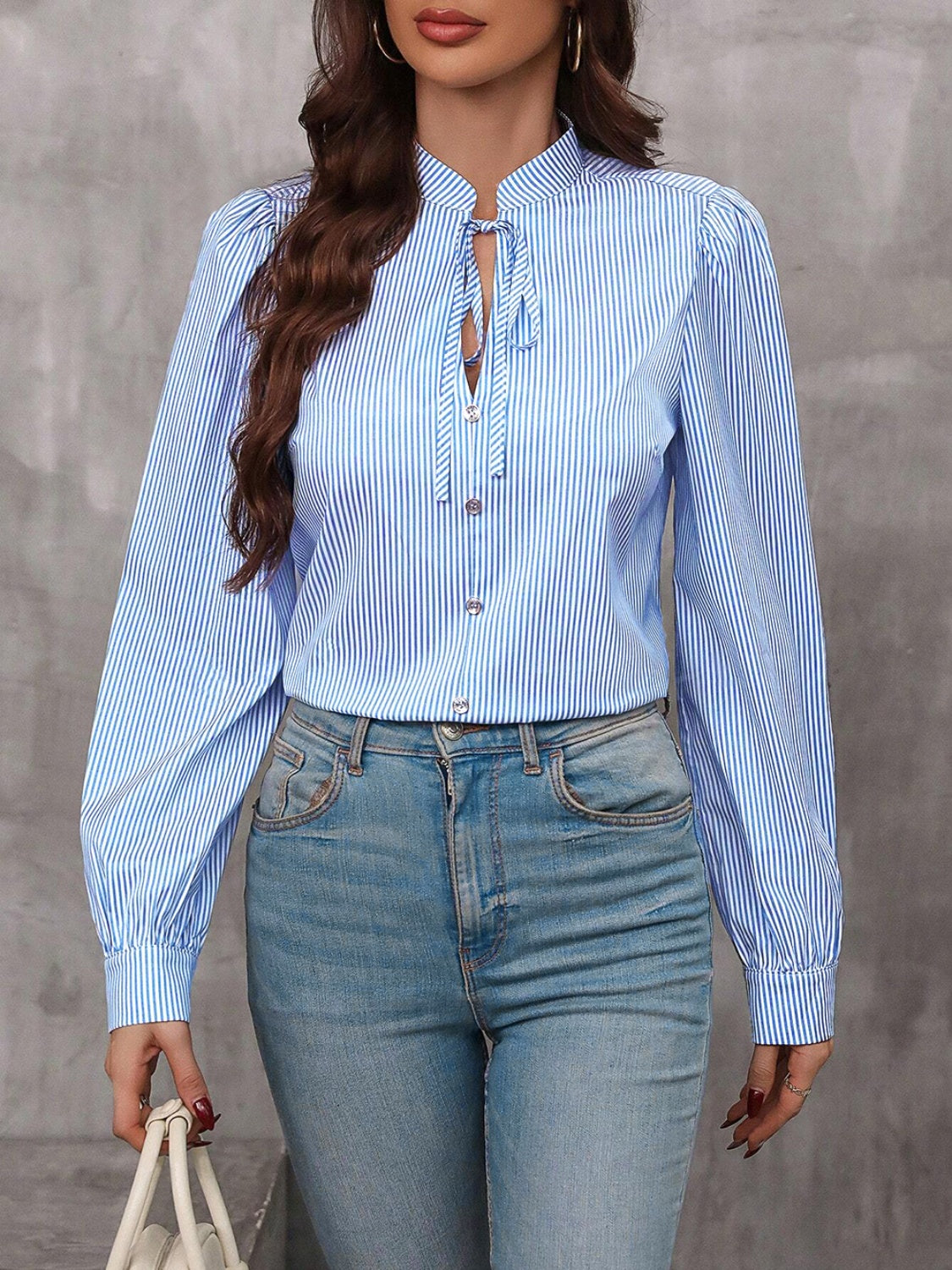 Striped Tie Neck Long Sleeve Blouse - Body By J'ne
