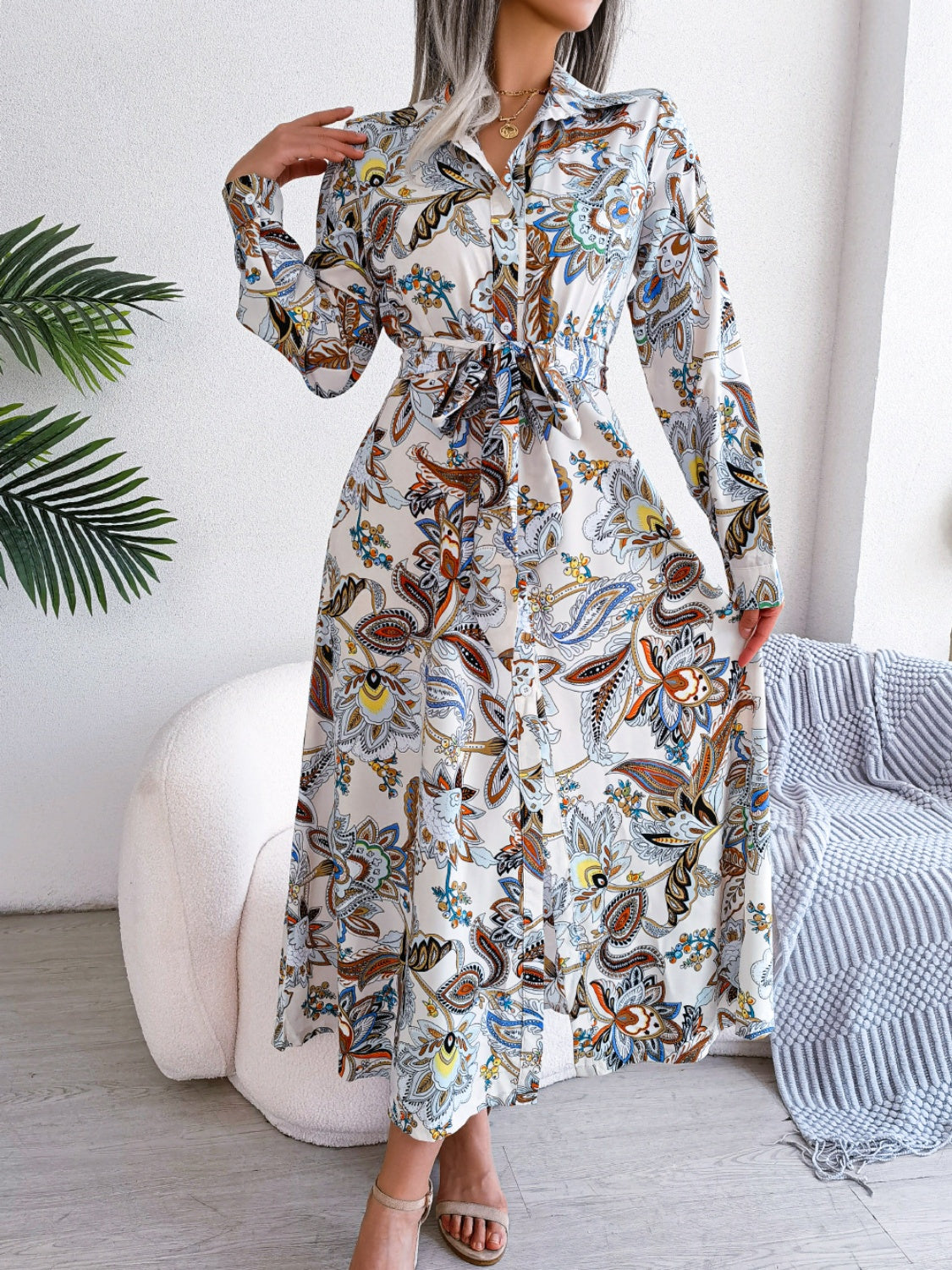 Tied Printed Long Sleeve Midi Dress - Body By J'ne