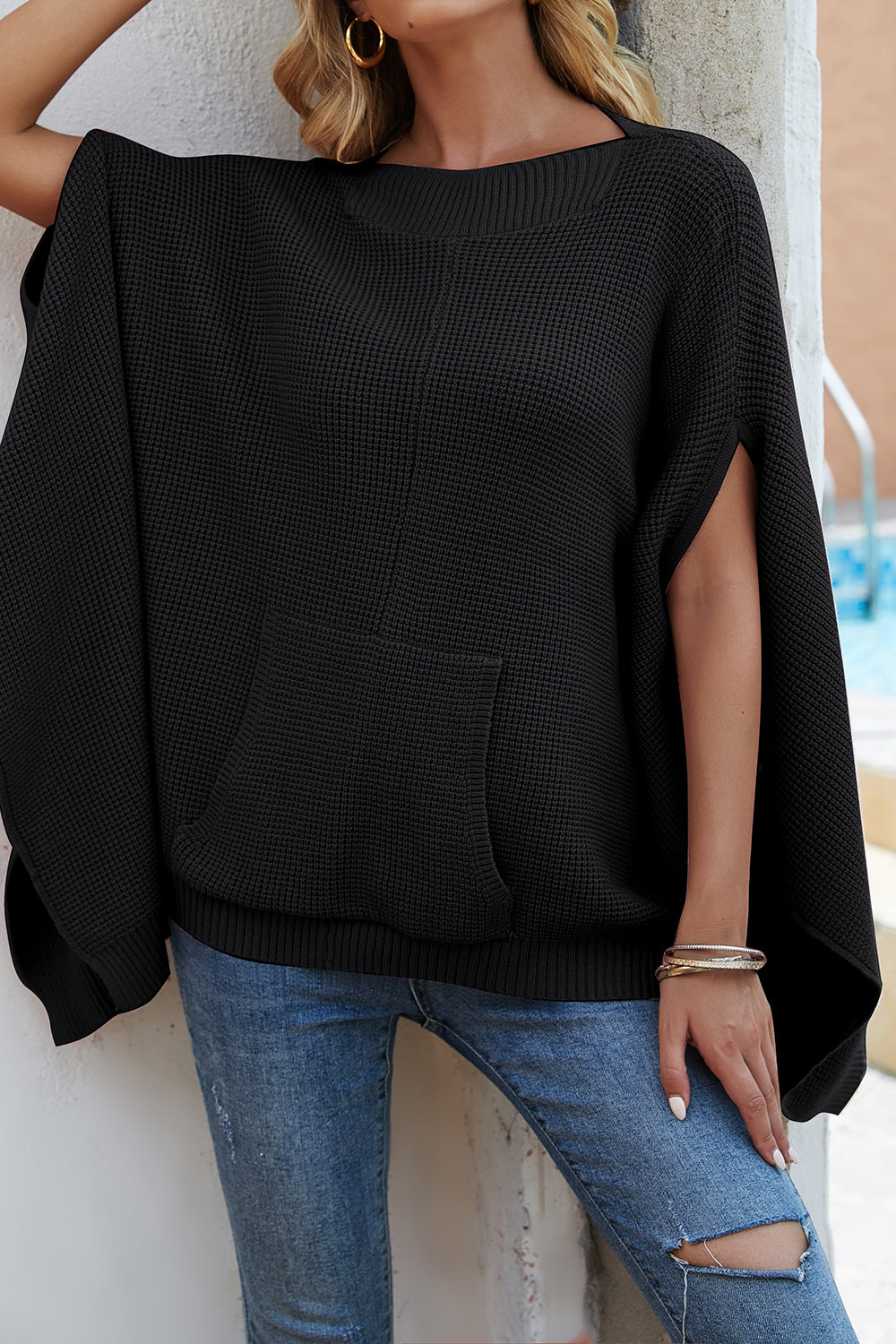 Waffle-Knit Pocketed Cape Sleeve Sweater - Body By J'ne