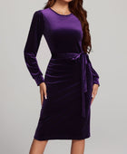 Round Neck Tie Waist Long Sleeve Velvet Dress