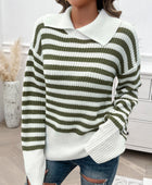 Devine Striped Collared Neck Long Sleeve Sweater