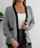 Contrast Trim Button Up Long Sleeve Cardigan