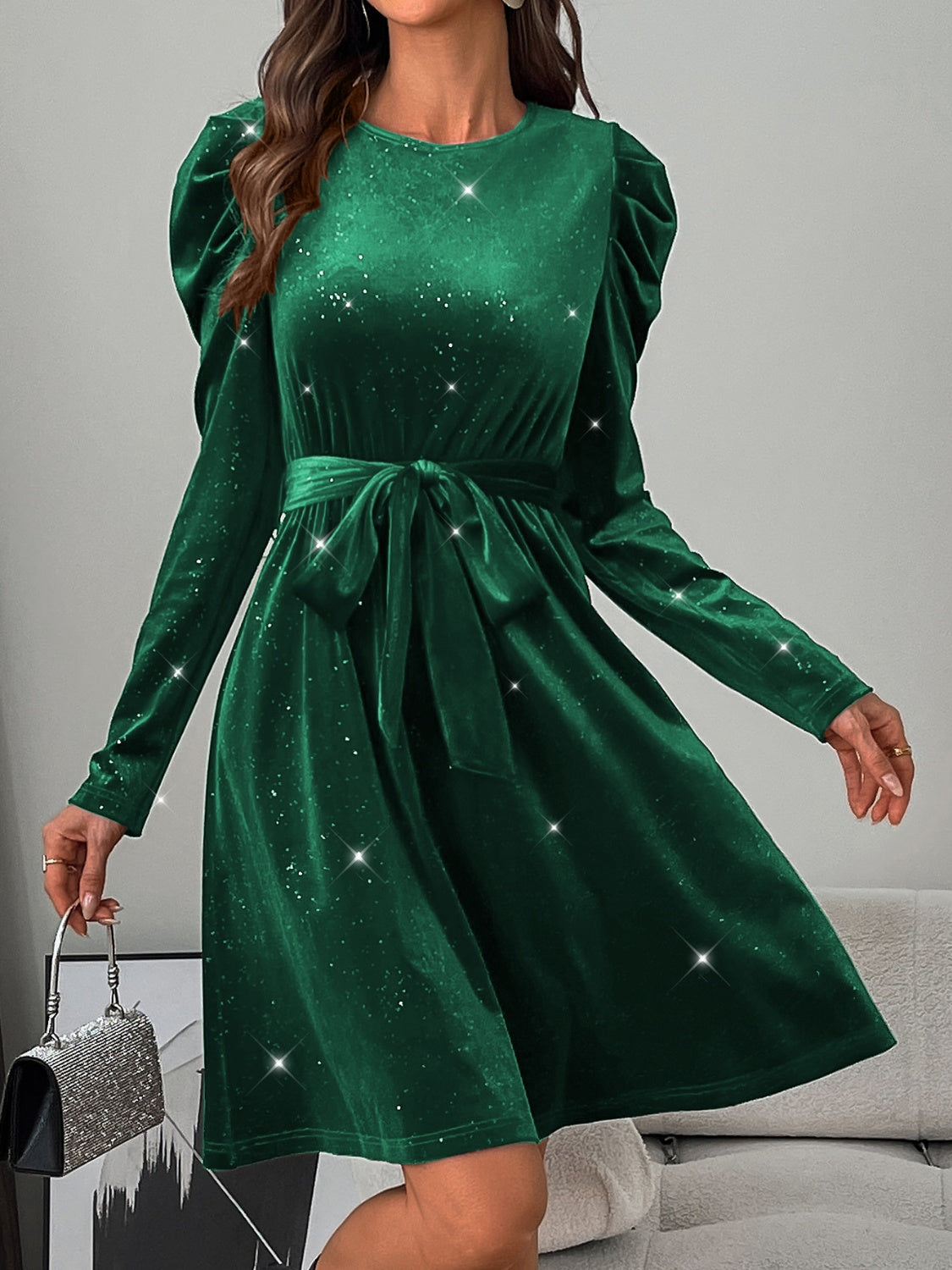 Glitter Round Neck Puff Sleeve Dress - Body By J'ne