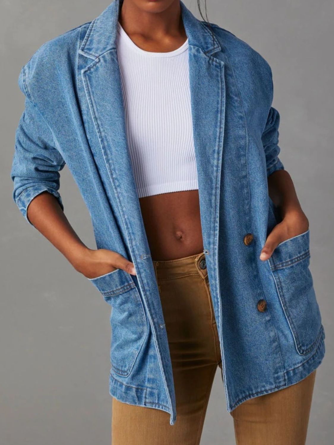 Pocketed Lapel Collar Long Sleeve Denim Jacket - Body By J'ne
