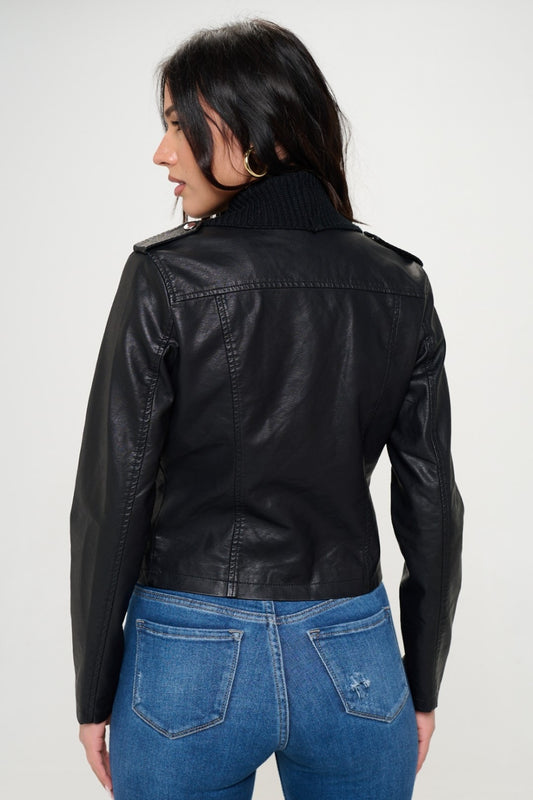 Knit Collared Faux Leather Crop Jacket - Body By J'ne
