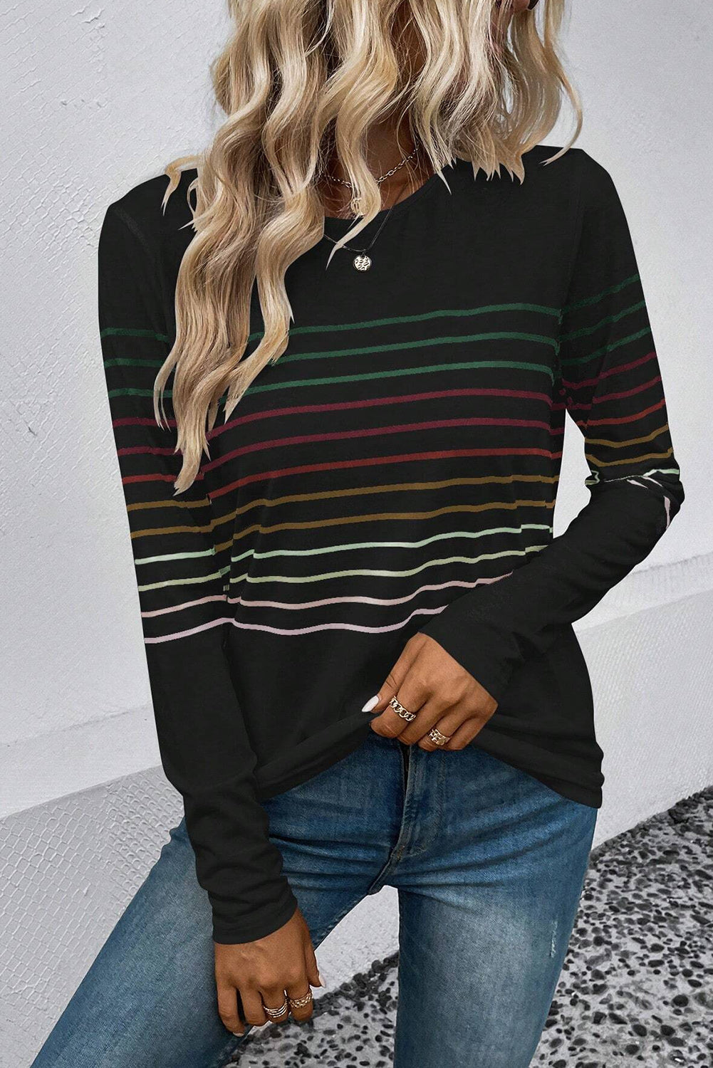 Striped Round Neck Long Sleeve T-Shirt - Body By J'ne