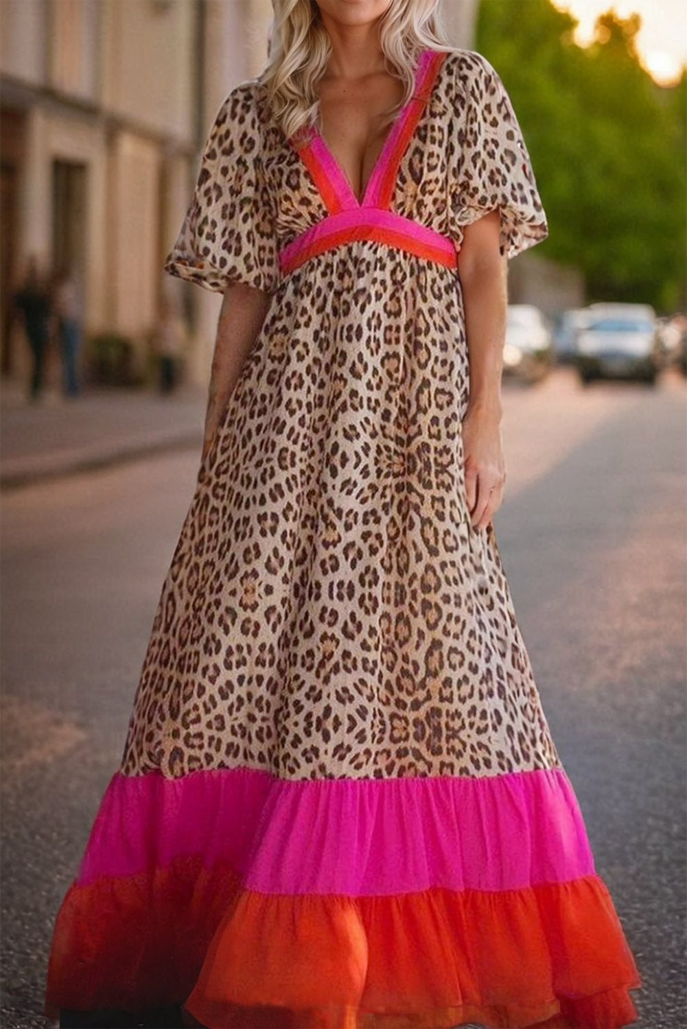 Leopard V-Neck Half Sleeve Maxi Dress - Body By J'ne