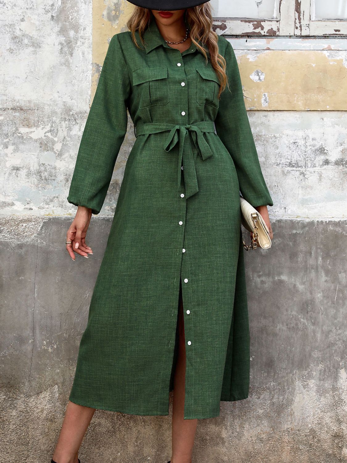 Perfee Collared Neck Long Sleeve Midi Shirt Dress - Body By J'ne