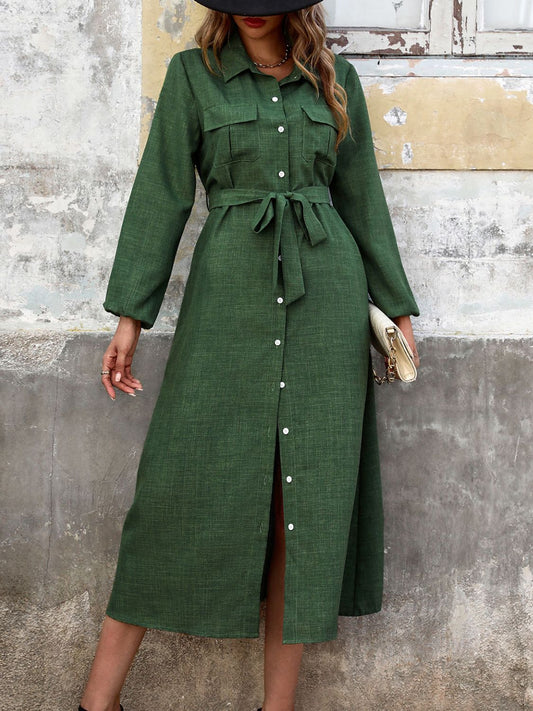 Perfee Collared Neck Long Sleeve Midi Shirt Dress - Body By J'ne