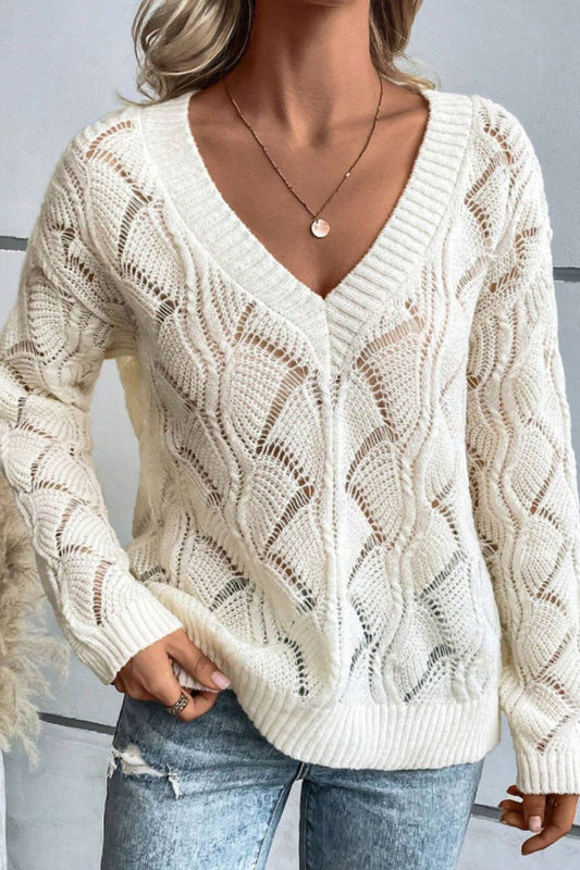 Openwork V-Neck Long Sleeve Sweater - Body By J'ne