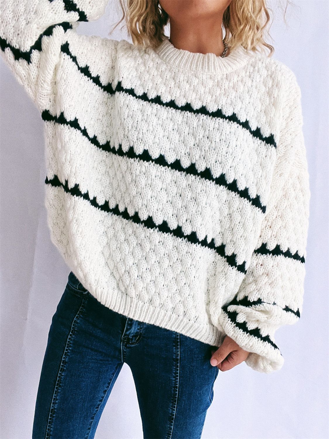 Contrast Stripes Round Neck Long Sleeve Sweater - Body By J'ne