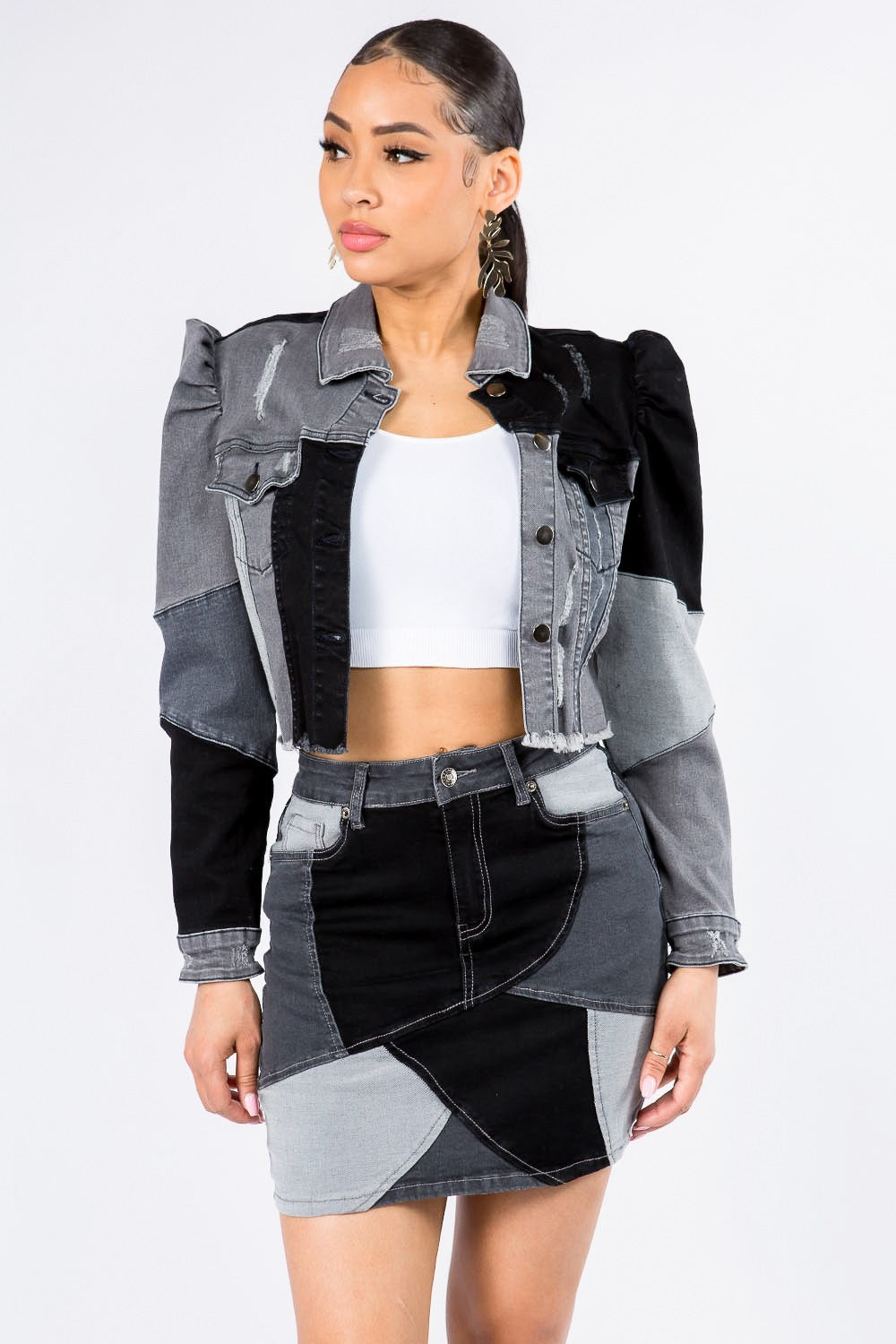 Button Up Cropped Patchwork Denim Jacket - Body By J'ne