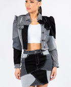 Button Up Cropped Patchwork Denim Jacket