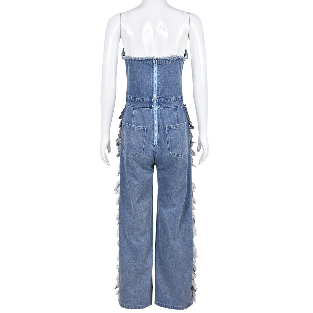 Tassel Hole Rhinestone Washing Water Denim Jumpsuit - Body By J'ne