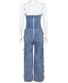 Tassel Hole Rhinestone Washing Water Denim Jumpsuit - Body By J'ne