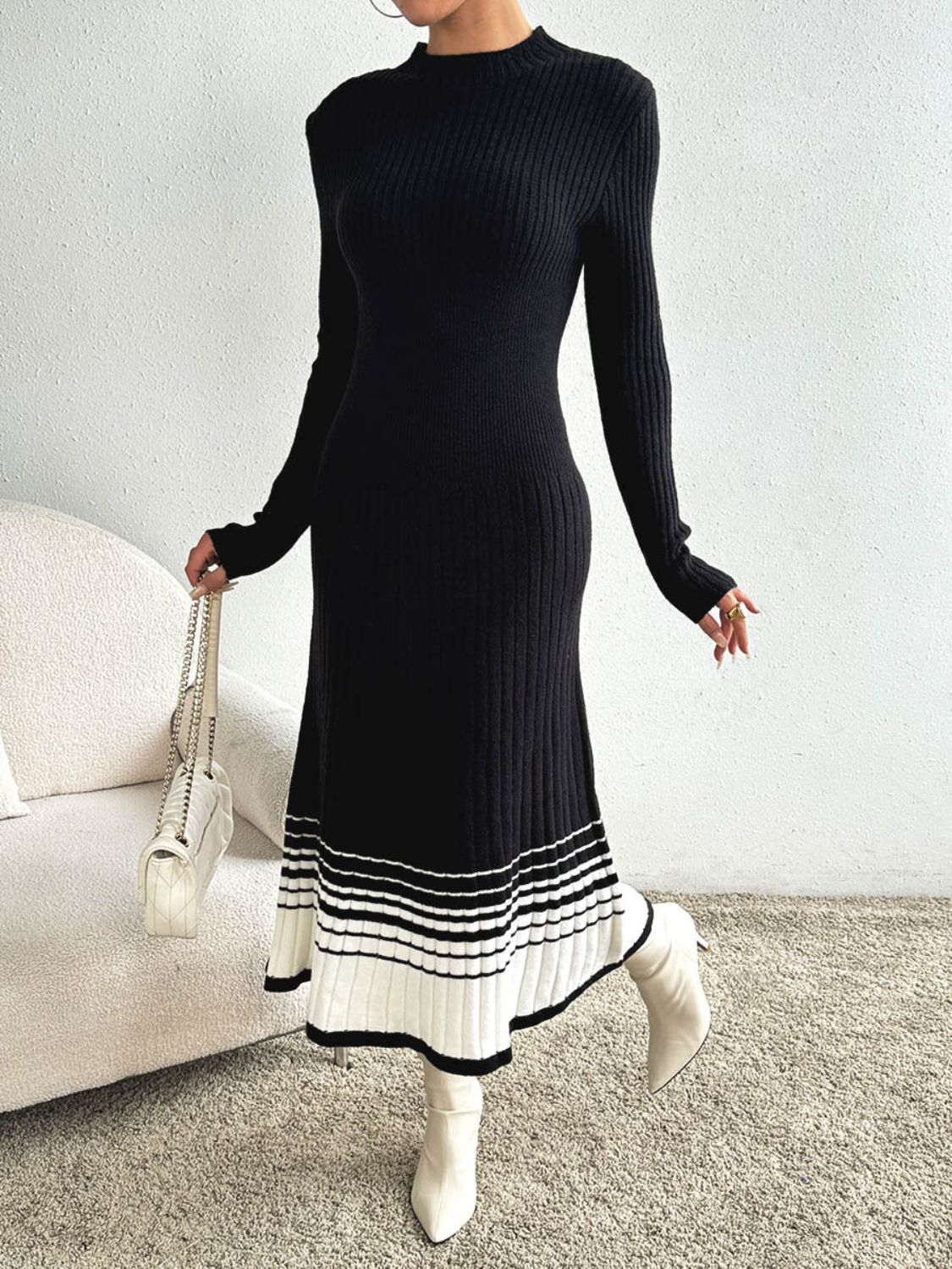 Contrast Mock Neck Long Sleeve Sweater Dress - Body By J'ne