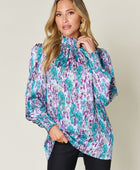 Full Size Printed Smocked Long Sleeve Blouse - Body By J'ne