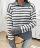 Devine Striped Collared Neck Long Sleeve Sweater