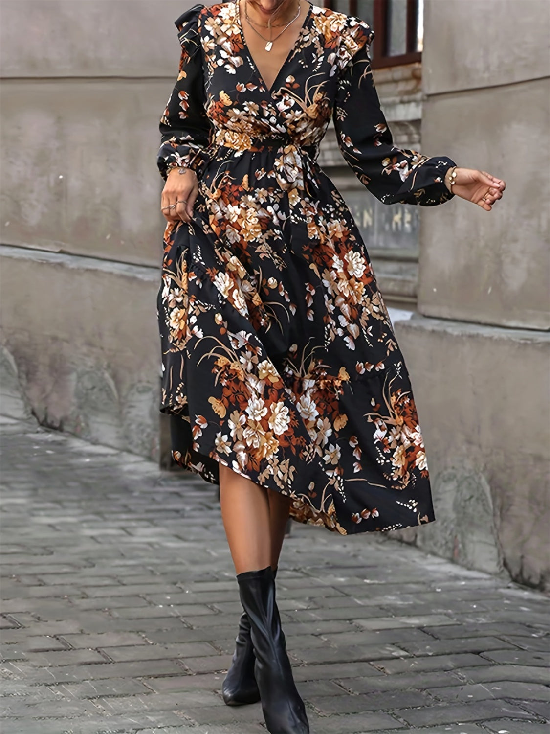 Ruffled Printed Surplice Long Sleeve Midi Dress