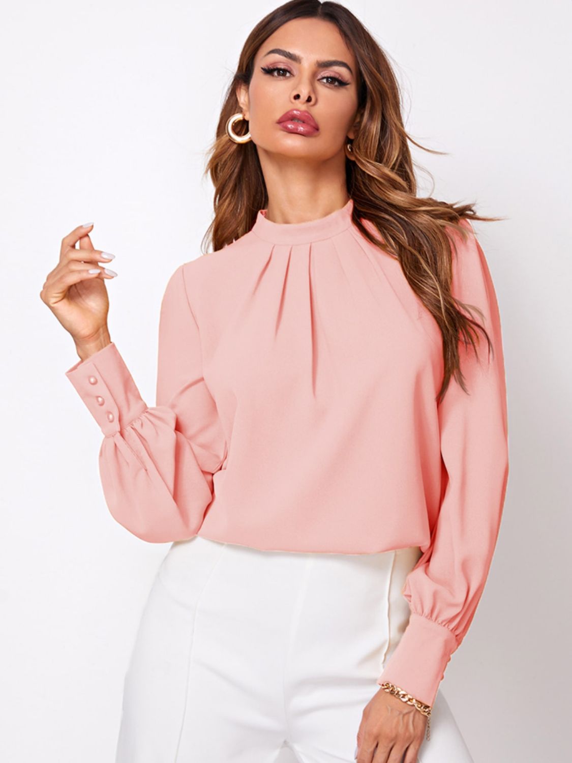 Ruched Mock Neck Long Sleeve Blouse - Body By J'ne