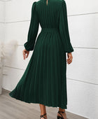 Perfee Pleated Round Neck Long Sleeve Midi Dress