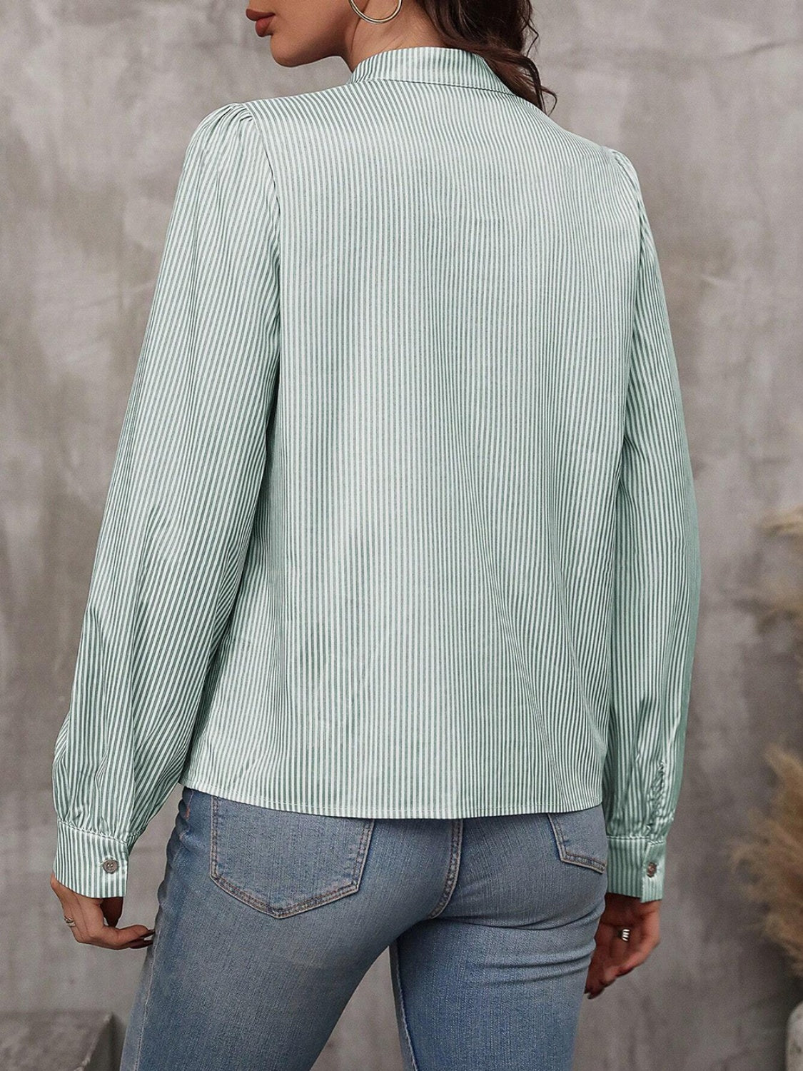 Striped Tie Neck Long Sleeve Blouse - Body By J'ne