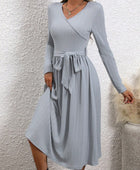 Surplice Tie Waist Long Sleeve Midi Dress